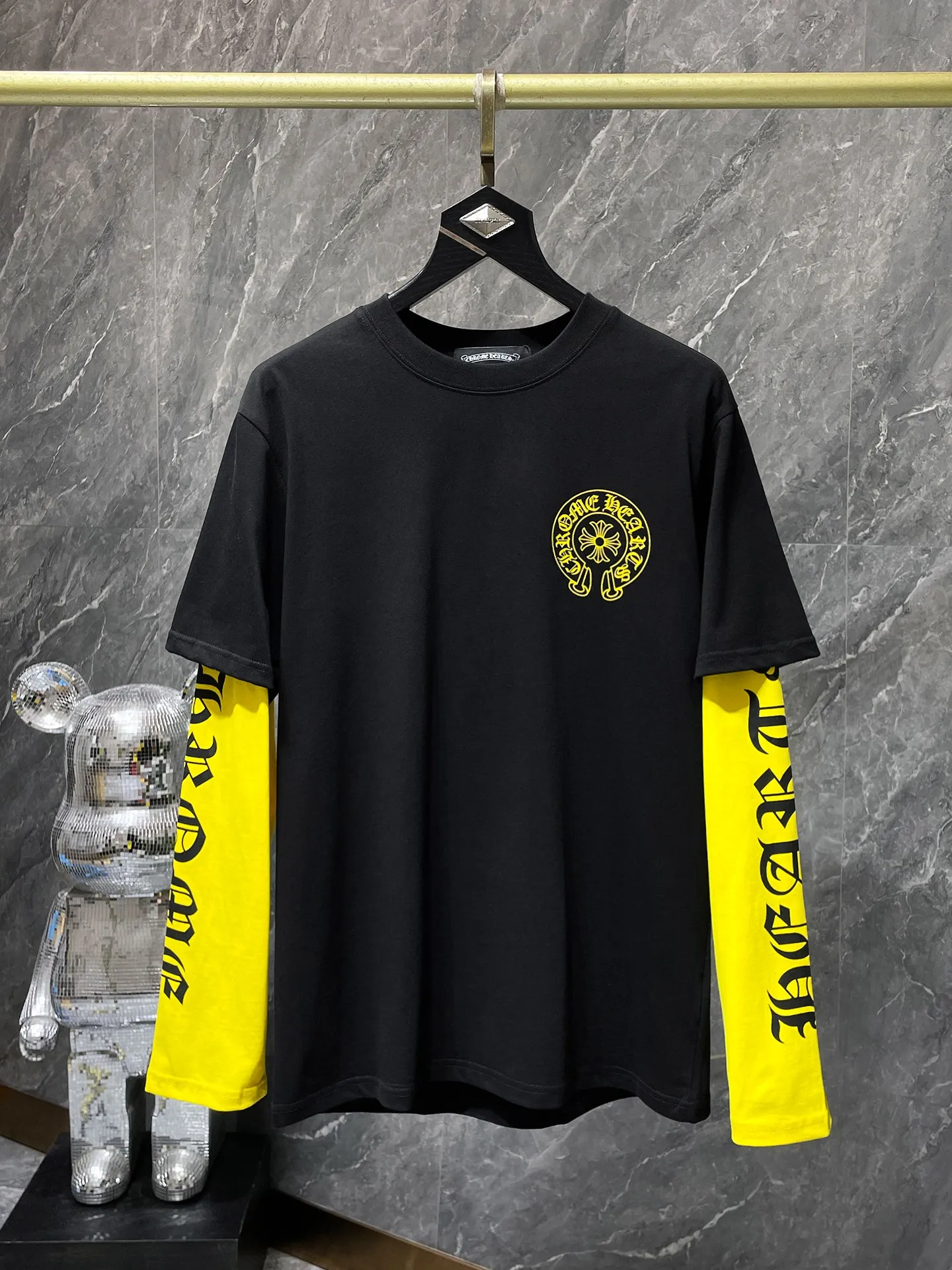 P176 Chrome Hearts Long T Series Heavy Industry Colored Leather Cross Contrast Color Fake Two-Piece Long Sleeve T-Shirt Same Style as Stars❤Specially Customized Version 1:1 High Weight Fabric Recommended Color: Black Code Number: S, M, L, XL
